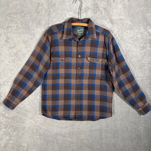 Vintage Woolrich Heavy Flannel Shirt Mens M Brown Blue Plaid Cotton Elbow Patch